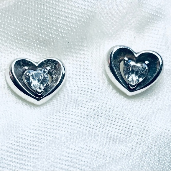 NWOT Double Heart Stud Earrings, Sterling Silver 925 - Picture 1 of 13